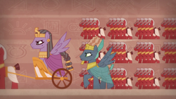 Size: 1280x720 | Tagged: safe, derpibooru import, screencap, prince hisan, pegasus, pony, daring done?, army, braided tail, chariot, egyptian, hieroglyphics, male, pharaoh, soldier, stallion, trot like an egiptian