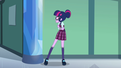 Size: 1920x1080 | Tagged: safe, derpibooru import, screencap, sci-twi, twilight sparkle, equestria girls, friendship games, clothes, crossed arms, crystal prep academy uniform, female, glasses, hair bun, pleated skirt, school uniform, shoes, skirt, socks, solo, what more is out there