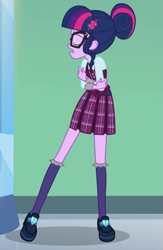 Size: 603x926 | Tagged: safe, derpibooru import, screencap, sci-twi, twilight sparkle, equestria girls, friendship games, clothes, cropped, crossed arms, crystal prep academy uniform, female, glasses, hair bun, pleated skirt, school uniform, shoes, skirt, socks, solo, what more is out there