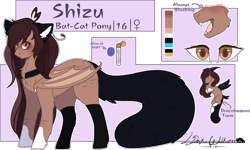 Size: 2228x1340 | Tagged: safe, artist:sora-choi, derpibooru import, oc, oc:shizu, bat pony, hybrid, pony, augmented tail, fangs, female, mare, reference sheet, solo