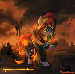 Size: 1520x1500 | Tagged: safe, artist:jedayskayvoker, derpibooru import, oc, oc only, oc:asuna, earth pony, ghoul, pegasus, pony, fallout equestria, alien blaster, clothes, commission, fallout, fallout 4, female, feral ghouls, glowing sea (fallout 4), hooves, mare, patreon, patreon logo, pipbuck, solo, star blaster, weapon, ych result