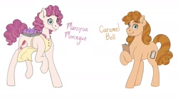Size: 2391x1333 | Tagged: safe, artist:pastel-charms, derpibooru import, oc, oc only, oc:caramel bell, oc:carmel bell, oc:marzipan meringue, oc:taffy twirl, earth pony, pony, cupcake, female, food, mare, offspring, parent:cheese sandwich, parent:pinkie pie, parents:cheesepie, redesign, simple background, white background