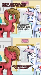 Size: 600x1098 | Tagged: safe, artist:wolfy987, derpibooru import, nurse redheart, oc, oc:pun, earth pony, pony, facehoof, female, mare