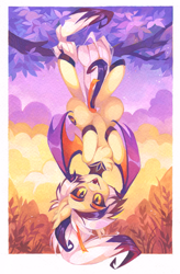 Size: 1537x2341 | Tagged: safe, artist:lispp, derpibooru import, oc, oc only, oc:fever dream, bat pony, pony, bat pony oc, hanging, hanging upside down, looking at you, solo, traditional art, upside down, watercolor painting