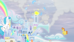 Size: 1440x810 | Tagged: safe, derpibooru import, screencap, lightning bolt, merry may, sassaflash, sunshower, warm front, white lightning, pegasus, pony, tanks for the memories, background pony, cloud, cloudsdale, female, flying, male, mare, rainbow, stallion, weather factory