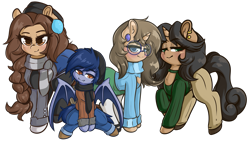 Size: 1979x1113 | Tagged: safe, artist:wickedsilly, derpibooru import, oc, oc only, oc:cecilia hoofbrook, oc:cordelia hoofbrook, oc:diana hoofbrook, oc:speck daelyn, bat pony, earth pony, pony, unicorn, blue eyes, brown eyes, clothes, ear piercing, female, glasses, green eyes, hat, looking at you, male, mare, orange eyes, piercing, scarf, size comparison, size difference