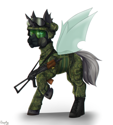 Size: 2000x2200 | Tagged: safe, artist:serodart, derpibooru import, oc, changeling, pony, aks-74u, army, body armor, boots, camouflage, changeling oc, clothes, commission, gas mask, goggles, gun, handgun, helmet, heterochromia, looking at you, male, mask, pistol, russia, shoes, simple background, soldier, solo, uniform, weapon, white background