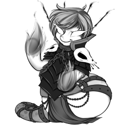 Size: 1024x1024 | Tagged: safe, artist:omgproductions, derpibooru import, oc, oc only, lamia, original species, black and white, buck legacy, card art, chains, fire, grayscale, grin, male, monochrome, pyromancer, pyromancy, simple background, skull, smiling, solo, transparent background