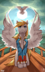 Size: 1450x2300 | Tagged: safe, artist:varllai, derpibooru import, oc, oc only, oc:joy dreamford, pegasus, pony, blonde, blue eyes, boat, cloud, digital art, lightly watermarked, male, signature, solo, speedpaint, speedpaint available, spread wings, stallion, standing, sun, water, watermark, wings