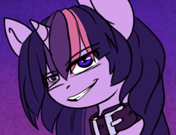 Size: 1062x820 | Tagged: safe, artist:duop-qoub, derpibooru import, twilight sparkle, twilight sparkle (alicorn), alicorn, abstract background, bust, collar, descended twilight, female, grin, implied futa, mare, smiling, smug, solo