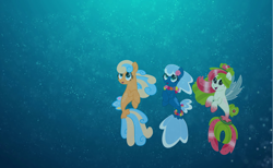 Size: 6000x3705 | Tagged: safe, artist:pilot231, derpibooru import, oc, oc only, oc:sea foam ep, oc:shelly shores, oc:watermelana, seapony (g4), female, fins, flower on ear, freckles, gradient hooves, lei, mare, movie accurate, trio, underwater, vector