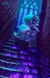 Size: 1791x2756 | Tagged: safe, artist:holivi, derpibooru import, oc, oc only, pegasus, pony, commission, crystal, female, mare, mouth hold, solo, stairs