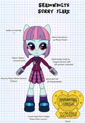 Size: 1897x2752 | Tagged: safe, artist:darkhooves, derpibooru exclusive, derpibooru import, sunny flare, equestria girls, adoraflare, clothes, concept, crystal prep academy uniform, crystal prep shadowbolts, cute, darkhooves wastes our time, digital art, doll, equestria girls minis, eyeshadow, graph paper, makeup, merchandise, mockup, pleated skirt, ribbon, school uniform, shoes, skirt, smiling, socks, solo, stand, sunny flare's wrist devices, toy