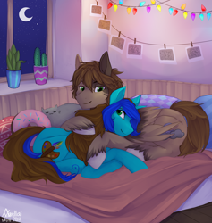 Size: 1800x1900 | Tagged: safe, artist:varllai, derpibooru import, oc, oc only, oc:alexis paint, pony, bed, blanket, cactus, cuddling, digital art, duo, female, lightly watermarked, male, mare, pillow, signature, stallion, watermark