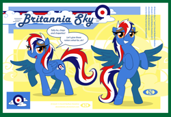 Size: 1240x850 | Tagged: safe, artist:donotdelete, derpibooru import, oc, oc only, oc:britannia sky, pegasus, pony, bipedal, british, cutie mark, dialogue, female, goggles, grin, looking at you, mare, open mouth, raised hoof, reference sheet, smiling, solo, spread wings, watermark, wings