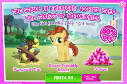 Size: 1040x686 | Tagged: safe, derpibooru import, hyper sonic, lemon crumble, pegasus, pony, advertisement, background pony, costs real money, female, filly, foal, friendly, friendship student, gameloft, gem, official, sale, sincere friendship student