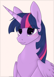 Size: 2041x2911 | Tagged: safe, artist:mariashapony, derpibooru import, twilight sparkle, twilight sparkle (alicorn), alicorn, blushing, bust, portrait, simple background, solo