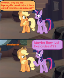 Size: 780x946 | Tagged: safe, derpibooru import, edit, edited screencap, screencap, applejack, twilight sparkle, twilight sparkle (alicorn), alicorn, earth pony, pony, a rockhoof and a hard place, comic, dialogue, duo, female, mare, nickelodeon, screencap comic, ship, speech bubble, stairs