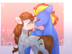 Size: 4000x3000 | Tagged: safe, artist:lizzingloh, derpibooru import, oc, oc only, oc:scarlett drop, oc:wing hurricane, pegasus, pony, abstract background, blushing, boop, brown hair, cute, eyes closed, female, folded wings, gradient background, male, mare, multicolored hair, noseboop, oc x oc, ocbetes, one hoof raised, orange hair, pigtails, scarricane, shipping, smiling, stallion, straight, wings, yellow hair