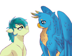 Size: 1024x800 | Tagged: safe, artist:evergreen-gemdust, derpibooru import, gallus, sandbar, earth pony, griffon, pony, looking at each other, male, rivalry, simple background, white background, wings