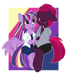 Size: 1322x1500 | Tagged: safe, artist:purplegrim40, derpibooru import, tempest shadow, twilight sparkle, twilight sparkle (alicorn), alicorn, anthro, unguligrade anthro, clothes, eye scar, female, lesbian, pregnant, rainbow power, scar, scar on the wrong side, shipping, smiling, tempestlight