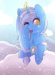 Size: 1101x1500 | Tagged: safe, artist:adostume, derpibooru import, oc, oc:glace, bow, cute, freckles, hair bow, magic, snow, telekinesis, tongue out