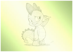 Size: 1042x737 | Tagged: safe, artist:sherwoodwhisper, derpibooru import, spike, dragon, arm behind head, claws, gradient background, male, pencil drawing, raised eyebrow, solo, traditional art