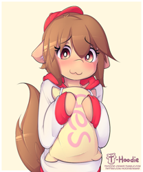 Size: 693x833 | Tagged: safe, artist:hoodie, derpibooru import, oc, oc only, oc:fun fact, semi-anthro, :3, blushing, clothes, cute, happy, hat, hoodie, pillow