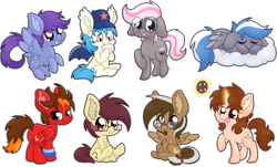 Size: 7645x4603 | Tagged: safe, artist:amberlea-draws, derpibooru import, oc, oc only, oc:ambiguity, oc:cloud zapper, oc:jannie daze, oc:marker pace, oc:moonshot, oc:ponder cloud, oc:windy dripper, oc:yoshi ringo, absurd resolution, chibi, cute, simple background, sticker, transparent background