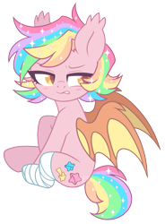 Size: 1343x1822 | Tagged: safe, artist:hawthornss, derpibooru import, oc, oc only, oc:paper stars, bat pony, pony, amputee, bandage, bat pony oc, blushing, cute, cute little fangs, disgusted, ear fluff, fangs, female, frown, missing limb, ocbetes, simple background, sitting, stump, transparent background, watermark