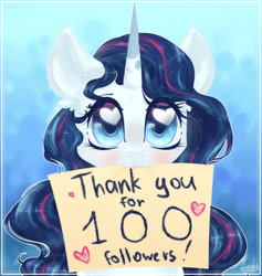 Size: 720x761 | Tagged: safe, artist:crystalraimbow, derpibooru import, oc, pony, unicorn, female, heart eyes, mare, milestone, mouth hold, sign, solo, wingding eyes