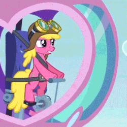 Size: 360x360 | Tagged: safe, derpibooru import, screencap, cherry berry, twilight sparkle, twilight sparkle (alicorn), alicorn, earth pony, pony, testing testing 1-2-3, animated, aviator goggles, aviator hat, background pony, cropped, female, flying, goggles, hat, helicopter, mare, pedalcopter, product placement, solo focus