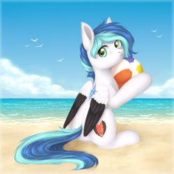 Size: 2000x2000 | Tagged: safe, artist:avrameow, derpibooru import, oc, oc only, oc:jewel blue, pegasus, pony, beach, beach ball, curious, cute, cutie mark, female, filly, fluffy, high res, looking at you, parent:oc:looic, parent:oc:shadow blue, parents:shadooic, solo, spread wings, sun, sunny, surprised, wings