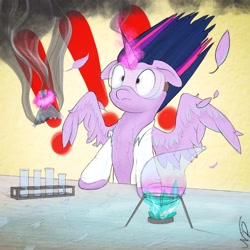 Size: 2048x2048 | Tagged: safe, artist:coloringrainclouds, derpibooru import, twilight sparkle, twilight sparkle (alicorn), alicorn, pony, beaker, clothes, exclamation point, feather, flask, goggles, lab coat, smoke, solo