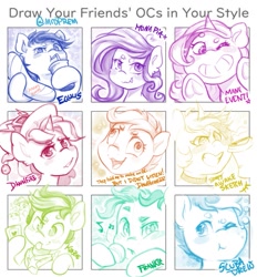 Size: 861x928 | Tagged: safe, artist:midnightpremiere, derpibooru import, oc, oc:blank canvas, oc:dawnfire, oc:equus, oc:flying fish, oc:hoof beatz, oc:kibbie, oc:mane event, oc:mona pia, oc:sleepy sketch, oc:stardust, pony, calarts, drawyourfriendsocs