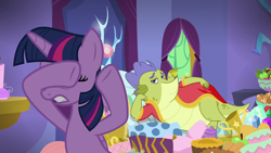 Size: 1280x720 | Tagged: safe, derpibooru import, screencap, sludge (g4), twilight sparkle, twilight sparkle (alicorn), alicorn, dragon, pony, father knows beast, clothes, covering eyes, draw me like one of your french girls, robe, you know for kids