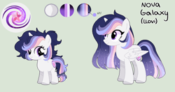 Size: 918x484 | Tagged: safe, artist:moon-rose-rosie, derpibooru import, oc, oc:nova galaxy, alicorn, pony, female, filly, mare, offspring's offspring, reference sheet, simple background, solo