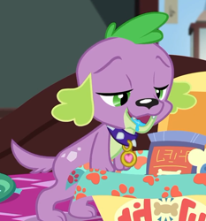 Size: 586x630 | Tagged: safe, derpibooru import, screencap, spike, spike the regular dog, dog, better together, equestria girls, reboxing with spike!, box, collar, cropped, drool, drool string, fabulous fido's faberge flying disk, looking down, male, paws, tail