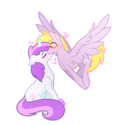 Size: 1421x1525 | Tagged: safe, artist:serathrix, derpibooru import, crackle pop, liza doolots, petunia, tootsie flute, pegasus, pony, unicorn, blushing, colt, digital art, female, filly, flying, heart, kissing, male, shipping, simple background, straight, tootsiepop, transparent background