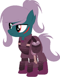 Size: 295x379 | Tagged: safe, artist:xxwillowstormxx, derpibooru import, oc, oc only, oc:grinder (ice1517), earth pony, pony, armor, bag, boots, female, heterochromia, mare, rock, scar, shoes, simple background, solo, stone, white background