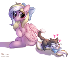 Size: 1690x1380 | Tagged: safe, artist:gicme, derpibooru import, oc, oc only, oc:bay breeze, cat, pegasus, pony, blushing, bow, chest fluff, cute, female, hair bow, mare, simple background, tail bow, transparent background, ych result