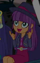 Size: 274x426 | Tagged: safe, derpibooru import, screencap, ginger owlseye, better together, equestria girls, opening night, background human, clothes, cropped, cute, fedora, hat, jacket, open mouth, owlabetes, smiling