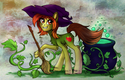 Size: 1386x888 | Tagged: safe, artist:hellishnya, derpibooru import, oc, oc only, oc:punnet, pony, broom, cauldron, female, halloween, hat, holiday, mare, plant, solo, witch hat, ych result