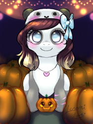 Size: 1500x2000 | Tagged: safe, artist:lenamilove, derpibooru import, oc, oc only, earth pony, pony, blank stare, blushing, bow, commission, digital art, female, hair bow, halloween, hat, holiday, jack-o-lantern, jewelry, looking at you, mare, necklace, pumpkin, pumpkin patch, signature, smiling, solo, ych result