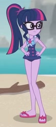 Size: 927x2100 | Tagged: safe, derpibooru import, screencap, sci-twi, twilight sparkle, better together, equestria girls, unsolved selfie mysteries, beach, clothes, cropped, feet, flip-flops, glasses, hands on waist, legs, sandals, sexy, solo, swimsuit