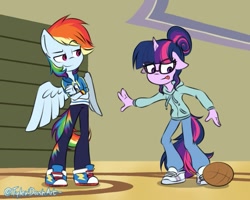 Size: 1009x806 | Tagged: safe, artist:tylerdashart, derpibooru import, rainbow dash, sci-twi, twilight sparkle, anthro, pegasus, unicorn, better together, equestria girls, stressed in show, stressed in show: rainbow dash, basketball, clothes, converse, female, floppy ears, glasses, gym, jacket, lesbian, looking down, pants, scene interpretation, scitwidash, shipping, shoes, smiling, sneakers, sports, tongue out, twidash, unicorn sci-twi, wristband