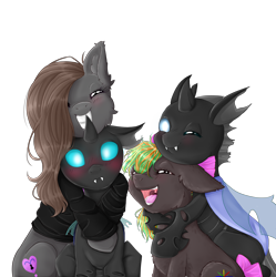 Size: 4500x4512 | Tagged: safe, artist:0silverstardust0, derpibooru import, oc, oc only, oc:tectus ignis, oc:waveform, changeling, earth pony, pony, absurd resolution, commission, cute, female, group, hug, hug from behind, male, polyamory, simple background, transparent background