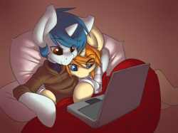 Size: 2651x1980 | Tagged: safe, artist:jarwis, derpibooru import, oc, oc only, oc:jarv, oc:whoop, pony, unicorn, blanket, computer, cuddling, cute, explicit source, gay, holiday, laptop computer, male, netflix, netflix and chill, snuggling, valentine's day