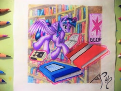 Size: 4232x3174 | Tagged: safe, artist:uliovka, derpibooru import, twilight sparkle, twilight sparkle (alicorn), alicorn, book, bookshelf, solo, traditional art