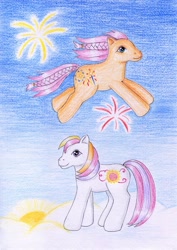 Size: 800x1133 | Tagged: safe, artist:normaleeinsane, derpibooru import, sparkleworks, sunny daze (g3), g3, duo, traditional art